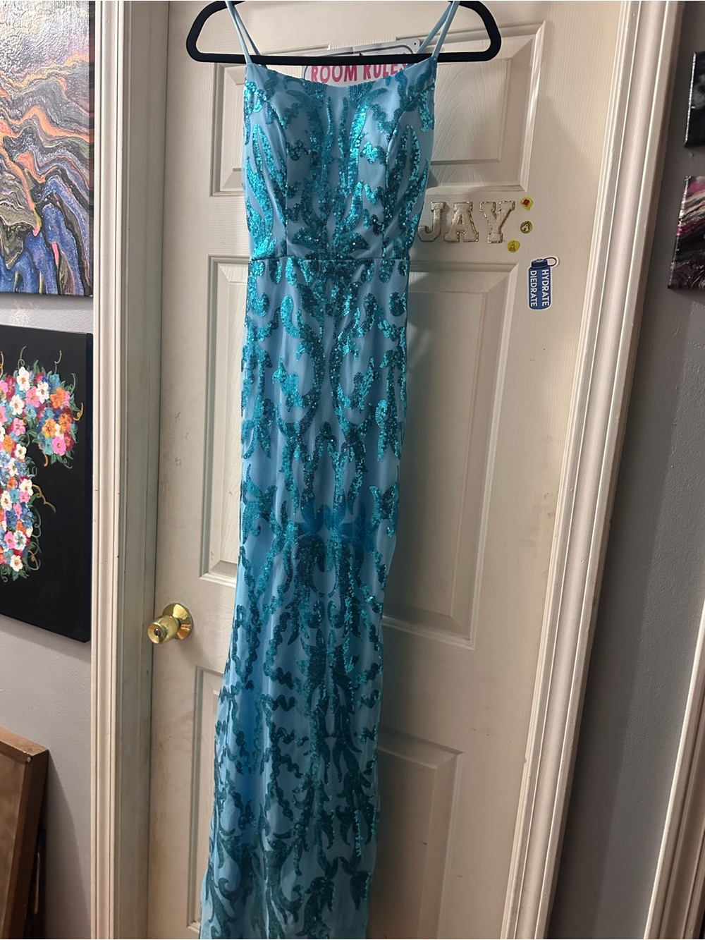 Sequined Aqua Blue Spaghetti-Strap Prom Dress